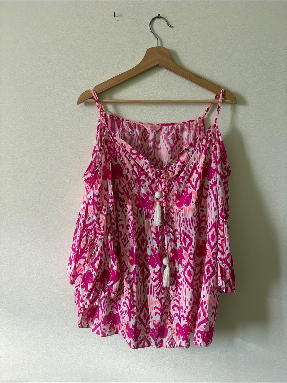 Lilly Pulizer Pink Patterned Cold-Shoulder Blouse with Tassel Detail